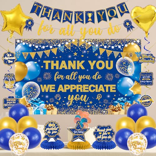 Vlipoeasn We Appreciate You Banner Decorations, Blue Gold Thank You for All You Do Backdrop Banner Honeycomb Centerpieces, Retirement Office Decor Staff Teachers Professors Doctor Nurses Appreciation - style: Bue Gold