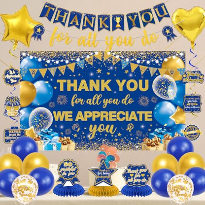 Vlipoeasn We Appreciate You Banner Decorations, Blue Gold Thank You for All You Do Backdrop Banner Honeycomb Centerpieces, Retirement Office Decor Staff Teachers Professors Doctor Nurses Appreciation - style: Bue Gold