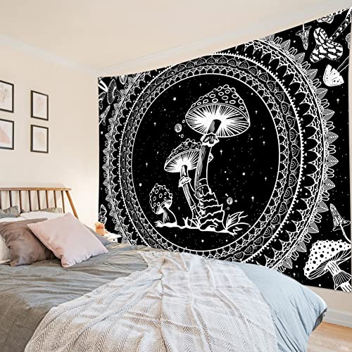SCECALA Black and White Tapestry Wall Hanging Funny Mushroom with Boho Mandala Pattern Aesthetic Tapestries Vintage Botanical Blanket for Bedroom Living Room Teen Dorm Party Home Deco 80x60 Inch - color: Black and White, size: 60"L x 80"W