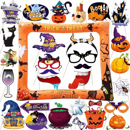 30 PCS Halloween Party Photo Booth Props with Giant Inflatable Photo Booth Frame, Funny Selfie Props for Men Women Halloween Party Decoration Supplies Photograph - color: Orange Halloween