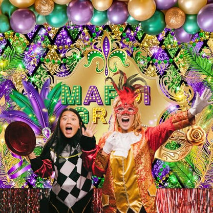 Avezano Mardi Gras Party Backdrop for Festival Carnival Masquerade Photoshoot Photography Background Retro Glitter Gold Green Purple New Orleans Mask Mardi Gras Party Decorations (10x7ft) - size: 10x7ft