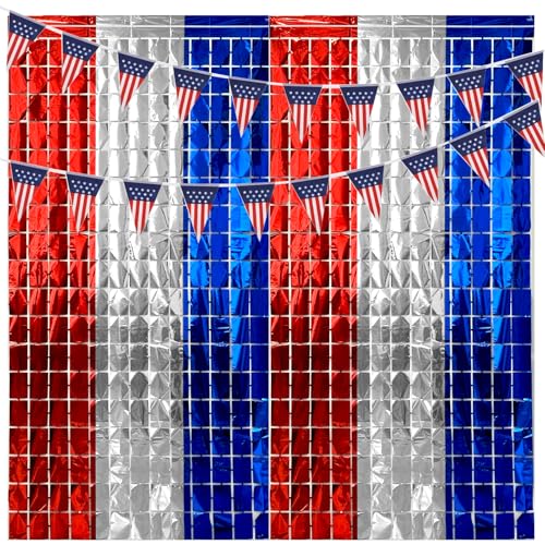 OQOQ 4th of July Backdrop Decorations Set- 2pcs Red White and Blue Tinsel Square Curtain with 20pcs America Triangle Flag, Photo Booth Props for Independence Day Memorial Day Patriotic Decor - color: Red Blue Silver