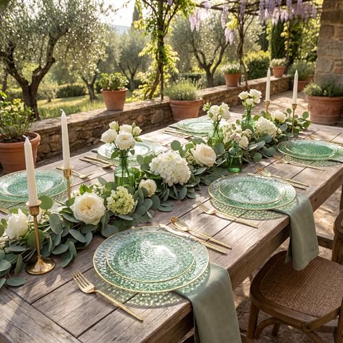 I00000 150Pcs Clear Green Plastic Plates with Gold Rim,Green Disposable Plates,Clear hammer patterned plates Set include 30 Dinner Plate,30 Dessert Plate,90 plastic Silverware Set for Party - color: Clear Green