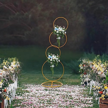 5.02FT Gold 4 Round Hoop Backdrop Stand, 4-Tier Detachable Wedding Metal Flower Arch Kit Frame for Photo Booth Background, Flower Display Background Decoration for Birthday Party - style: Round