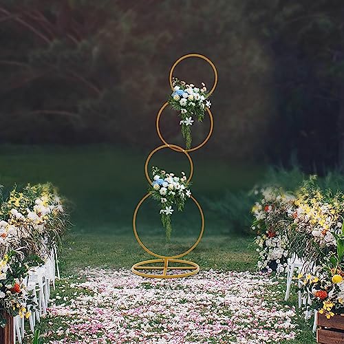 5.02FT Gold 4 Round Hoop Backdrop Stand, 4-Tier Detachable Wedding Metal Flower Arch Kit Frame for Photo Booth Background, Flower Display Background Decoration for Birthday Party - style: Round