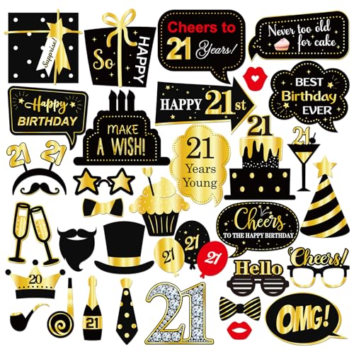 INNORU 21st Birthday Photo Booth Props, Boys Girls 21st Birthday Photoshoot Funny Birthday Party Photography Props Favor 21 Years Old Centerpiece Sticks Decorations Black & Gold 35 PCS - size: 21