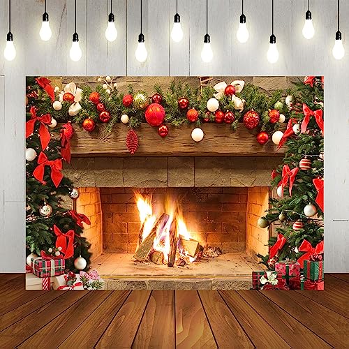Lofaris Christmas Fireplace Backdrop Winter Xmas Tree Colorful Festive Decorations Brick Backgrounds Interior Vintage Merry Christmas Eve Party Banner Decorations 7x5ft - size: 7x5ft
