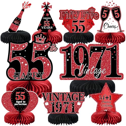 9Pcs 55th Birthday Decorations Red and Black 55th Birthday Party Decorations for Women,Happy 55 Years Vintage 1971 Aged Honeycomb Centerpieces Table Sign Decor Supplies - color: Red Black 55th