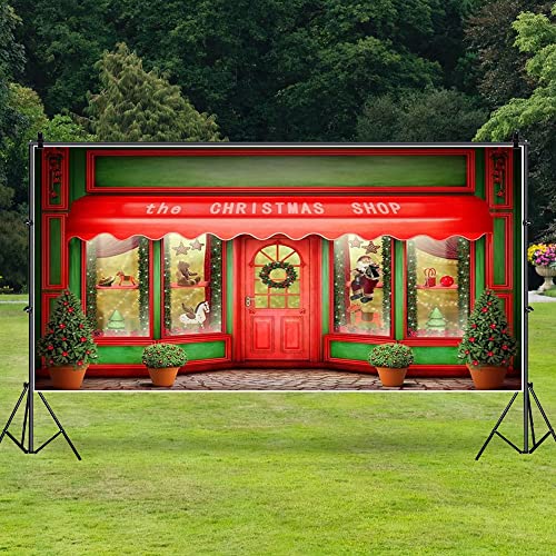 AOFOTO 15x8ft Red Christmas Shop Backdrop Front Door of Xmas Display Window Santa's Toy Store Photography Background Holiday New Year Party Banner Kids Baby Child Adult Portrait Photo Studio Props - size: 15x8ft