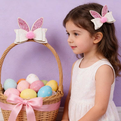 2PCS Easter Sparkly Glitter Bunny Hair Bow Clips,Pink White Rabbit Ear Barrettes with Alligator Clip,Cute Easter Hair Hairpin Accessories for Women,Spring Hair Bows for Party Daily Wear Photo Props