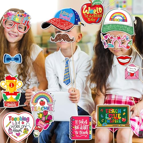 30-Piece Teacher Appreciation Photo Booth Props Set | Glitter Selfie Props with Apple, Pencil & Chalkboard Designs – Perfect for Teachers Day, Appreciation Week & Thank You Parties
