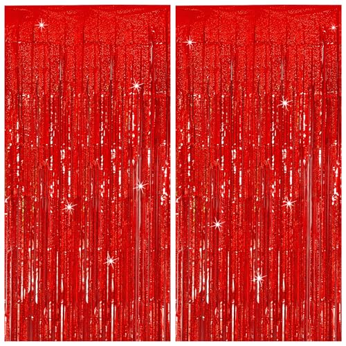 Tinsel Curtain Backdrop Red Birthday Party Decorations 2 Packs Glitter Foil Fringe Curtain Decor Streamers Photo Booth for Christmas Wedding Halloween Graduation - color: Red, size: 2 Pack