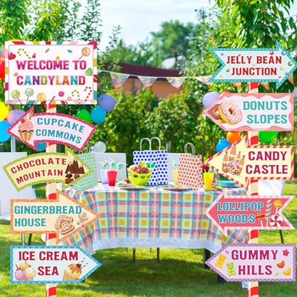 20 Pieces Candyland Decorations Welcome to Candyland Signs Candy Party Decorations for Kids Girls Candy Land Themed Birthday Party Halloween Christmas Trunk or Treat Car Decorations - style: Candyland