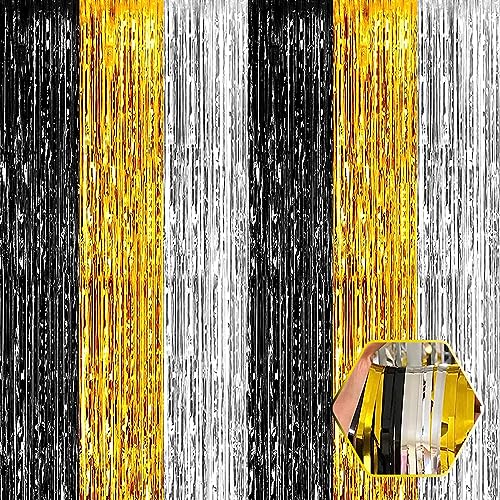 6 Pack Black Gold Silver Foil Fringe Curtain Backdrop, 3.28Ft x 6.6Ft Metallic Tinsel Foil Fringe Streamer Curtains for Photo Booth, Christmas Day, Thanksgiving, Wedding, New Year Party Decorations - color: Black Gold Silver