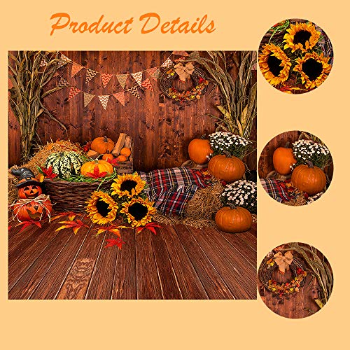 10X10FT Fall Thanksgiving Wooden Floor Barn Autumn Pumpkins Maple Leaves Sunflower Baby Portrait Party Halloween Decoration Vinyl Photography Backdrop Photo Booth Background Studio Prop TP295C - size: 10'x10'