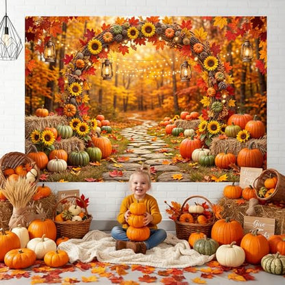 5 x 3 ft Fall Backdrop Autumn Scenery Sunflower Arch Maple Leaves Forest Leaves Pumpkins Background Fall Farm Rustic Trail Thanksgiving Harvest Party Supplies Banner Picture Photo Booth - color: Multi9, size: 5x3ft