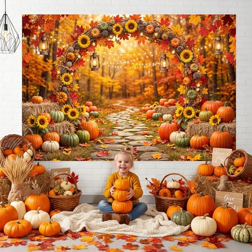 7 x 5 ft Fall Backdrop Autumn Scenery Sunflower Arch Maple Leaves Forest Leaves Pumpkins Background Fall Farm Rustic Trail Thanksgiving Harvest Party Supplies Banner Picture Photo Booth - color: Multi9, size: 7x5ft