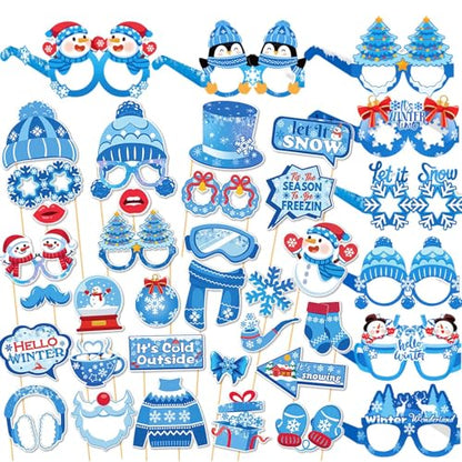 Qpout 38 Pcs Winter Photo Booth Props Kit with Glasses, Winter Wonderland Christmas Decorations, Snowman Snowflake Party Supplies, Holiday Photo Accessories