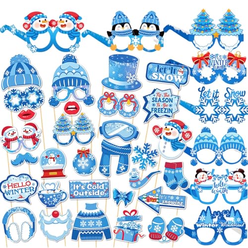 Qpout 38 Pcs Winter Photo Booth Props Kit with Glasses, Winter Wonderland Christmas Decorations, Snowman Snowflake Party Supplies, Holiday Photo Accessories