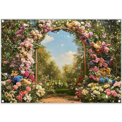 7x5ft Fabric Spring Enchanted Garden Backdrop Fairytale Forest Floral Butterfly Wonderland Oil Paint Photography Background Girl Kids Birthday Decor Photo Banner - size: 7'x5'
