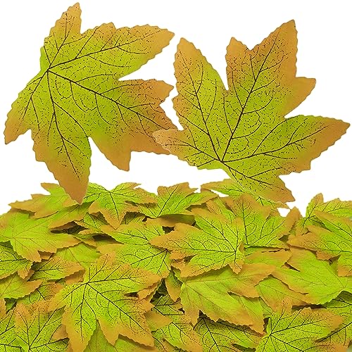 DIYOMR 100Pcs Simulated Maple Leaf, 3.9" x 3.5" Autumn Fall Artificial Leaves for Wedding Party Thanksgiving Decorations Table Room Home Decor Photography Props (Green) - color: Green