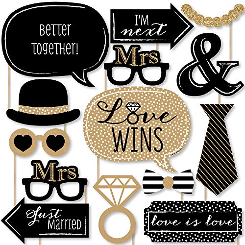 Big Dot of Happiness Mrs. and Mrs. - Gold - Lesbian Wedding Photo Booth Props Kit - 20 Count