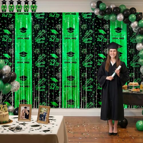 3pcs 2026 Graduation Decorations Black and Green Class of 2026 Party Supplies - 9.9ft X 6.6ft Fringe Curtain Graduation Backdrop and Balloons Kit for College High School Photo Booth - color: Green，black