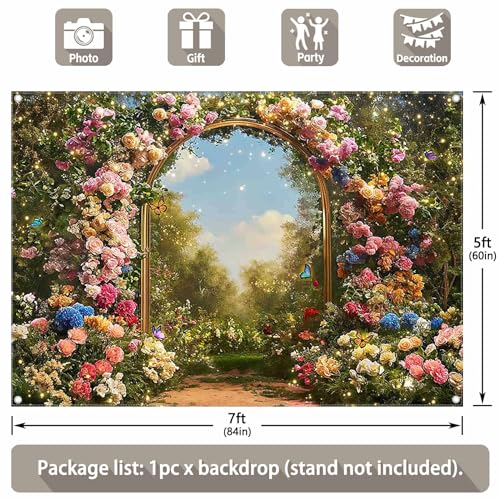 7x5ft Fabric Spring Enchanted Garden Backdrop Fairytale Forest Floral Butterfly Wonderland Oil Paint Photography Background Girl Kids Birthday Decor Photo Banner - size: 7'x5'