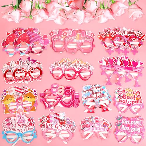 HOWAF 28pcs Galentines Paper Glasses, Happy Galentine’s Day Photo Booth Props Eyeglasses for Girls Ladies Valentines Day Party Decoration, Pink Galentines Day Eyewear for Girls Bride To Be Supplies