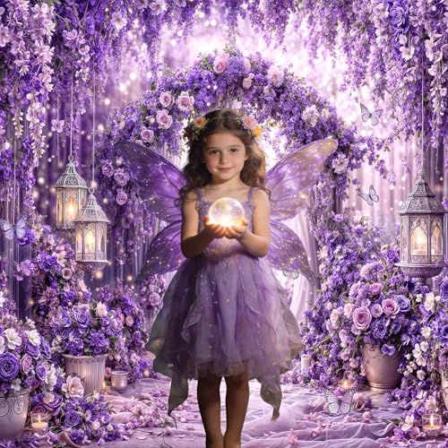 6 x 4 ft Purple Butterfly Floral Photography Backdrop, Wisteria Flower Arch Theme for Girls Party Wedding Birthday Baby Shower Cake Table Decor Photo Booth Props - color: Purple, size: 6x4ft