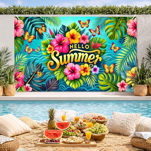 HOMETITUTE Hello Summer Banner 71 x 43 inch Summer Hawaiian Party Decorations Flower Butterfly Summer Outdoor Decorations Supplies Backdrop Tropical Beach Hawaiian Party Themed Photo Booth Props
