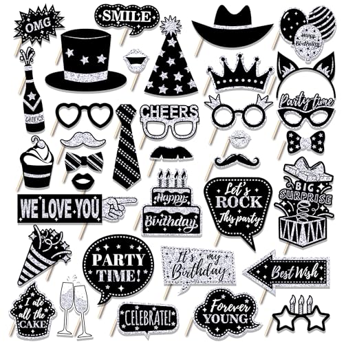 30 Pcs Silver Birthday Photo Booth Props Black Birthday Props 2026 Birthdays Decorations Backdrop Decorations Birthdays Props for Photography