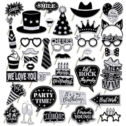 36Pcs Silver Birthday Photo Booth Props, Glitter Silver Party Decorations, Letter Print Card Material