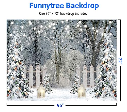 Funnytree 8x6FT Winter Photography Backdrop Glitter Snowy Forest Pine Tree Background Let It Snow Christmas Xmas Holiday Party Decor Banner Portrait Studio Booth Photobooth Props - size: 96 x 72 in