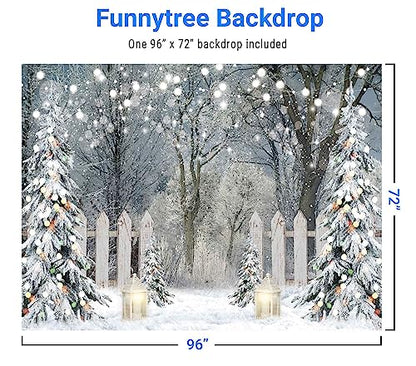 Funnytree 8x6FT Winter Photography Backdrop Glitter Snowy Forest Pine Tree Background Let It Snow Christmas Xmas Holiday Party Decor Banner Portrait Studio Booth Photobooth Props - size: 96 x 72 in
