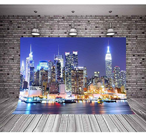 New York City Backdrop Manhattan Night Scene Skyscraper Urban Light Background Video Studio Photo (Vinyl-10x7ft) - color: Vinyl, size: 10x7ft
