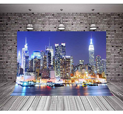 New York City Backdrop Manhattan Night Scene Skyscraper Urban Light Background Video Studio Photo (Vinyl-10x7ft) - color: Vinyl, size: 10x7ft