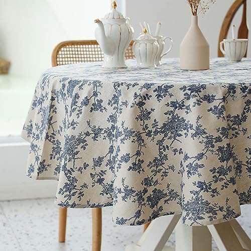 YiHomer Pastoral Round Tablecloth - 60 Inch Dia. Table Cloth - Washable Table Cover with Dust-Proof Wrinkle Resistant for Restaurant, Picnic, Indoor and Outdoor Dining, Floral (Dark Blue) - color: A - Floral (Dark Blue), size: 60" (Round)