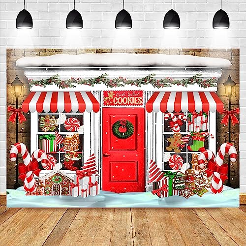 Mocsicka 7x5ft Christmas Candy Store Backdrop Xmas Gingerbread Store Photography Background Candy Cane Holiday Party Photo Decor Portrait Studio Booth Photobooth Props - size: 7x5ft