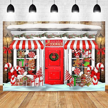 Mocsicka 7x5ft Christmas Candy Store Backdrop Xmas Gingerbread Store Photography Background Candy Cane Holiday Party Photo Decor Portrait Studio Booth Photobooth Props - size: 7x5ft