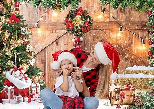 CHAIYA 7x5ft Christmas Backdrop Barn Wood Door Photography Backdrop Xmas Tree Snow Background Winter Xmas Party Supplies Christmas Family Kids Party Banner - size: 7′x5′