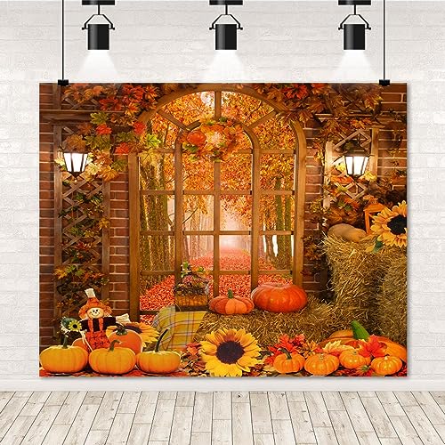 Fall Thanksgiving Backdrop Autumn Pumpkin Harvest Window Backdrop for Photography Background 10x8ft Maple Leaves Forest Haystack Photo Backdrop Kids Baby Birthday Party Portrait Prop Banner - color: NSW12879