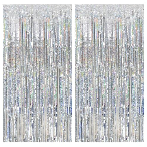 Tinsel Curtain Party Backdrop Silver Birthday Decorations 2 Packs Glitter Foil Fringe Decor Streamers Photo Booth for Christmas Wedding Halloween Graduation Decorations - color: Silver, size: 2 Pack