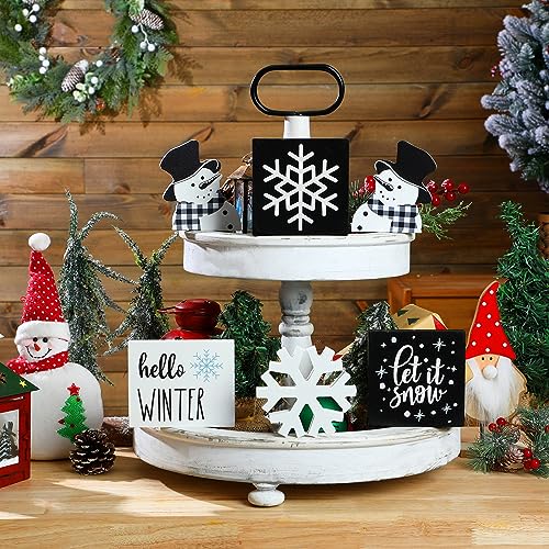 Huwena 6 Pcs Winter Tiered Tray Decor Snowflake Table Signs Hello Winter Wood Blocks Farmhouse Let It Snow Wood Decor for Table Shelf(Cute Style) - style: Cute Style