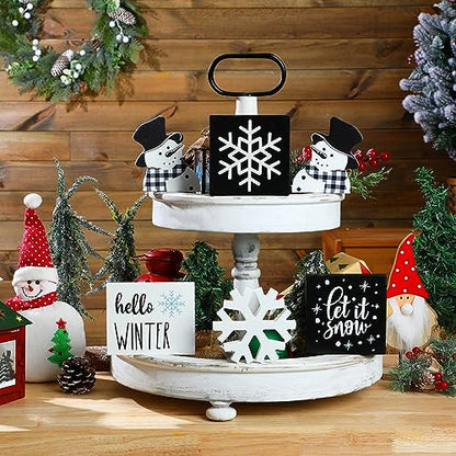 Huwena 6 Pcs Winter Tiered Tray Decor Snowflake Table Signs Hello Winter Wood Blocks Farmhouse Let It Snow Wood Decor for Table Shelf(Cute Style) - style: Cute Style