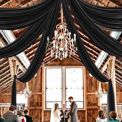 DUOBAO Black Chiffon Sheer Wedding Backdrop Curtains 5x20 FT - 6 Panels Tulle Drapes Fabric for Stage Tent Canopy, Birthday Arch Drapery, Photography Background with Rod Pocket - color: Black, size: 60"W x 240"L (Pack of 6)