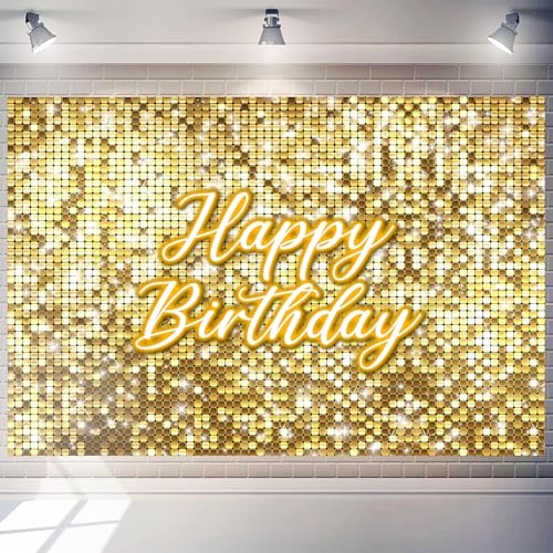 Golden Happy Birthday Backdrop 7 x 5 ft Polyester Glitter Shimmer Wall Background Flash Sequin Shimmer Wall Props Sparkle Birthday Party Decorations（ Non-Glowing Brilliant Design） - color: Gold Birthday, size: 7x5 FT