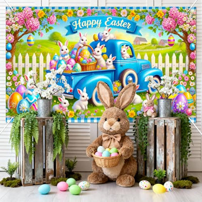 BlissYard Easter Bunny Truck Banner Spring Farm Scene 71x43 Inch Cute Holiday Backdrop with Rabbits Eggs Flowers Happy Easter Design for Yard Porch Party Kids Celebration Display - color: Blue