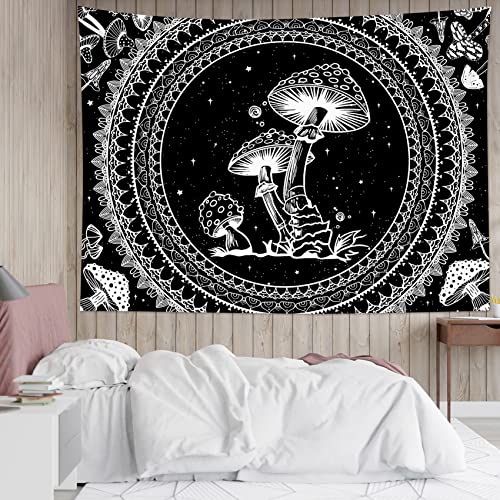 SCECALA Black and White Tapestry Wall Hanging Funny Mushroom with Boho Mandala Pattern Aesthetic Tapestries Vintage Botanical Blanket for Bedroom Living Room Teen Dorm Party Home Deco 80x60 Inch - color: Black and White, size: 60"L x 80"W