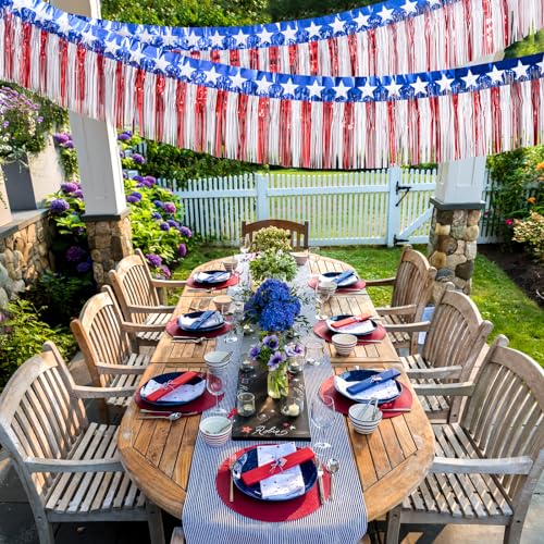 Mega-L 4th of July Decorations 2 Pack 40 Feet Foil Fringe Garland Tinsel Streamers, Red White and Blue Star Metallic Hanging Backdrop Banner Table Skirts for Parade Floats Memorial Day Patriotic Party